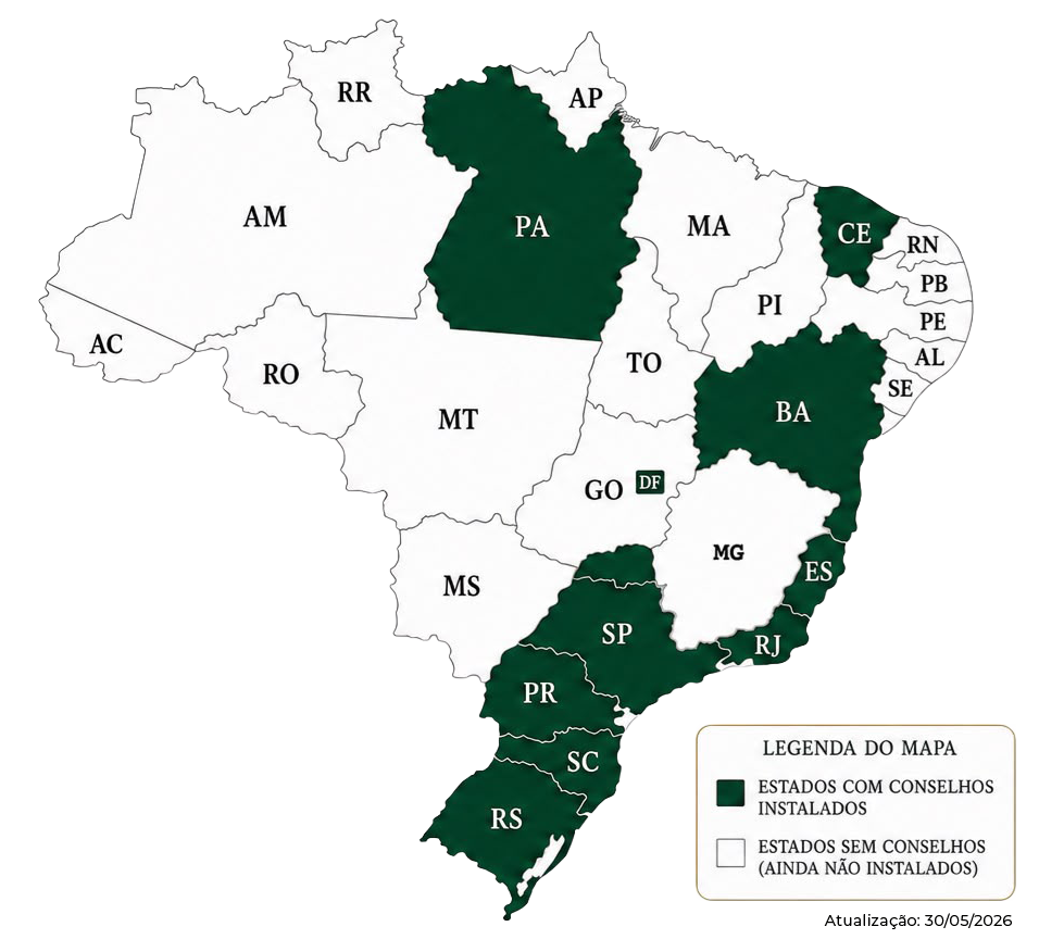 Mapa do Brasil destacando em verde os estados com Conselhos da Ordem instalados: PA, CE, BA, ES, RJ, SP, PR, SC e RS.
